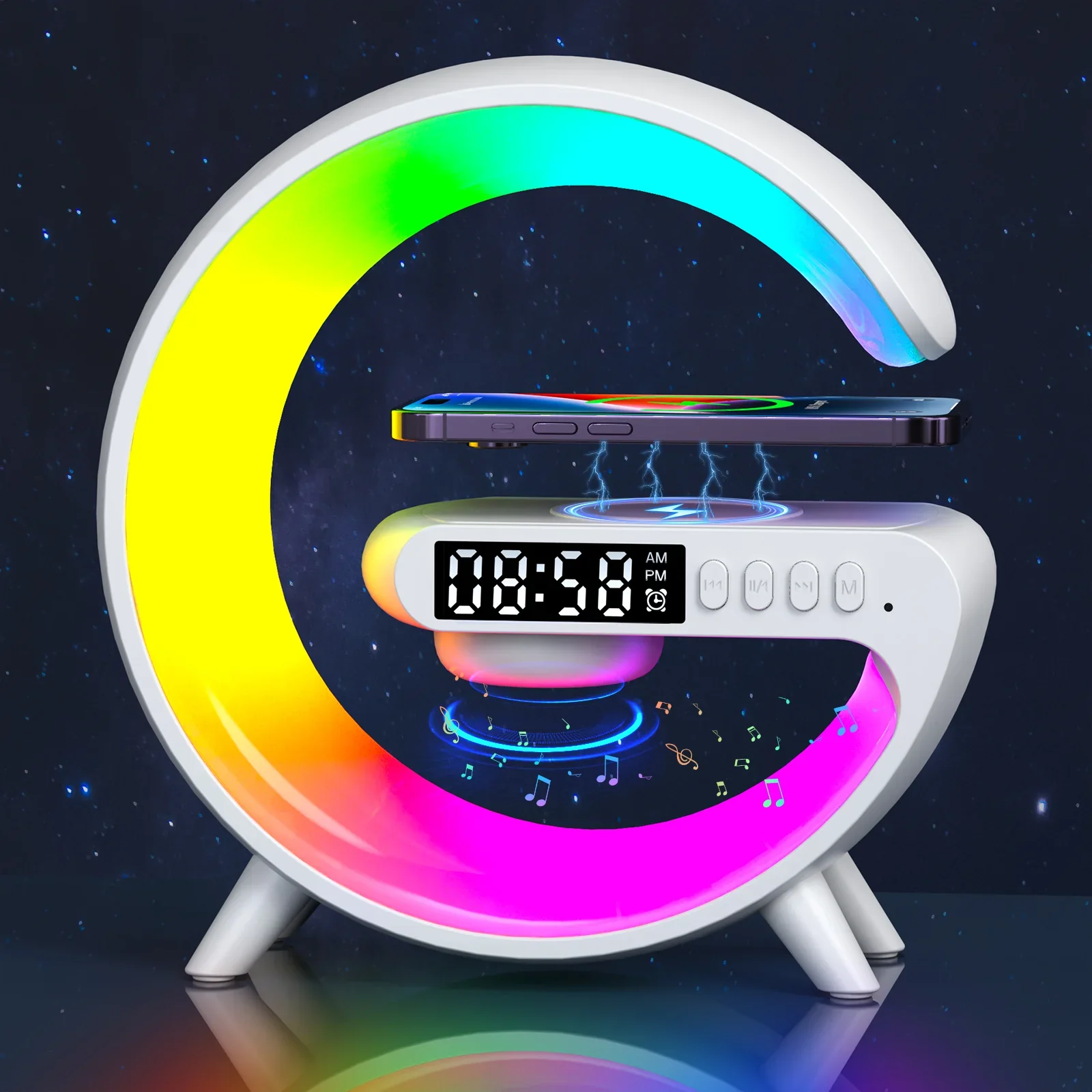 GoobleMini: G-Shaped RGB Atmosphere Lamp with 15W Wireless Charger, Bluetooth Speaker, Alarm Clock & Desk Light for Bedside & Room Décor - Image 3