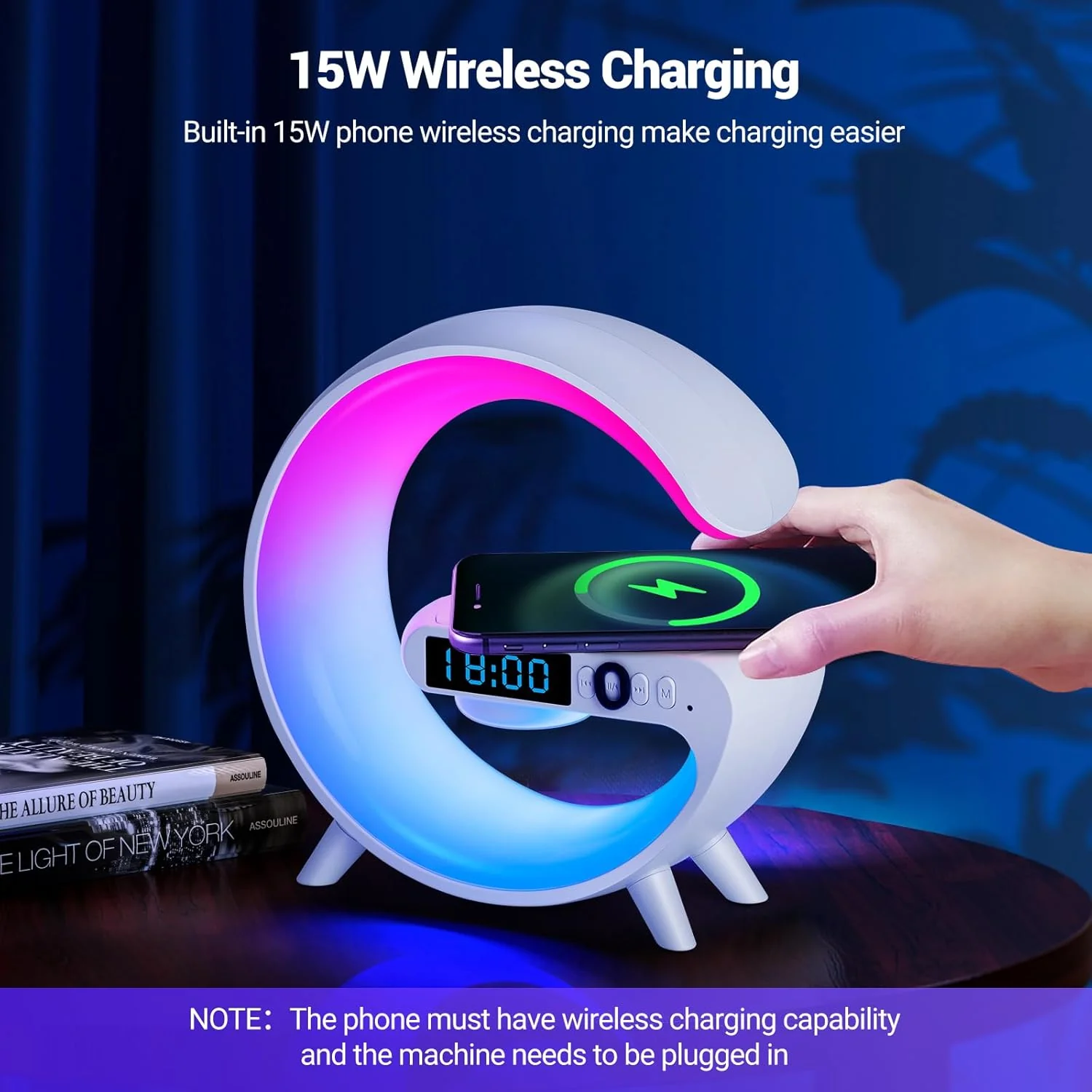 GoobleMini: G-Shaped RGB Atmosphere Lamp with 15W Wireless Charger, Bluetooth Speaker, Alarm Clock & Desk Light for Bedside & Room Décor - Image 4