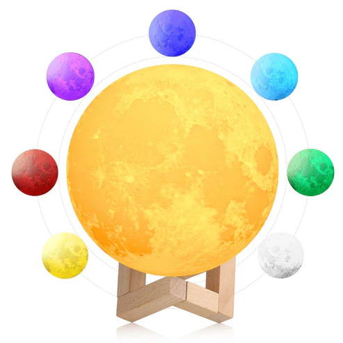 LunaGlow: 3D RGB Moon Lamp with 7-Color Touch Control, USB Rechargeable Design & Wooden Stand for Bedroom & Gifting - Image 3