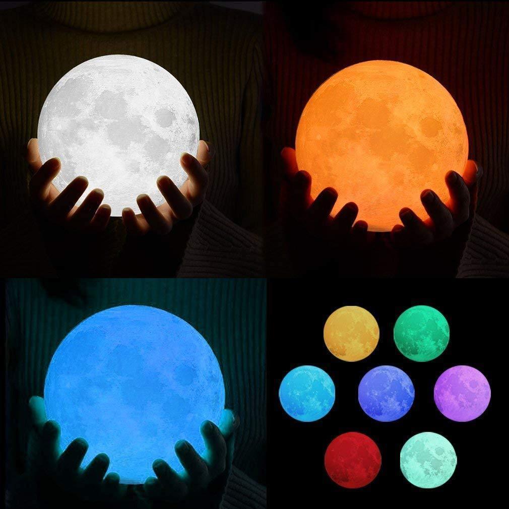 LunaGlow: 3D RGB Moon Lamp with 7-Color Touch Control, USB Rechargeable Design & Wooden Stand for Bedroom & Gifting - Image 4