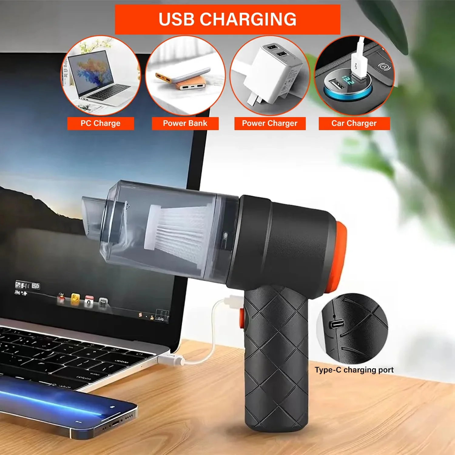 MiniVac: Type-C Rechargeable 2-in-1 Portable Vacuum Cleaner & Blower with Powerful Suction & 3 Nozzles for Car, Home & Office - Image 5