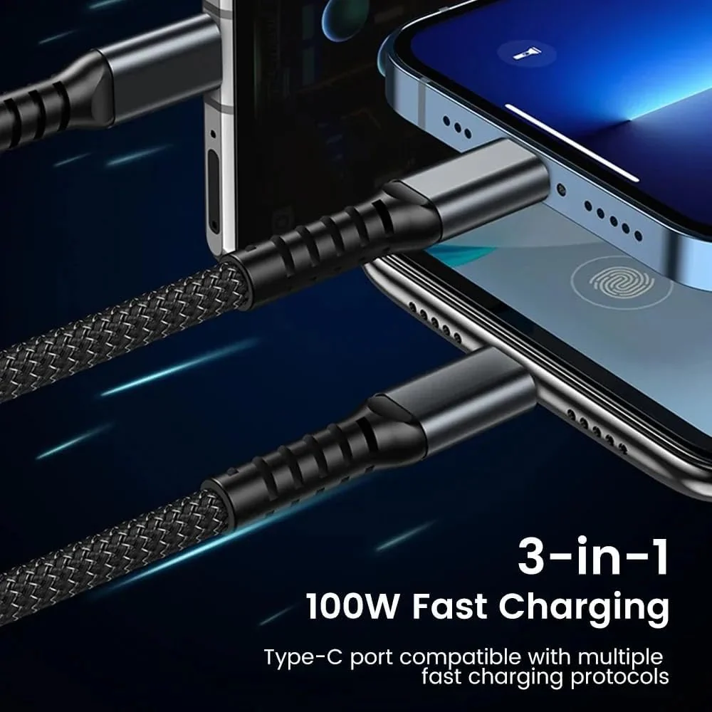 Power100: 3-in-1 100W Fast Charging Cable (1.2M) with Type-C, Micro-USB & Lightning Connectors for Laptops, Tablets & Smartphones - Image 3