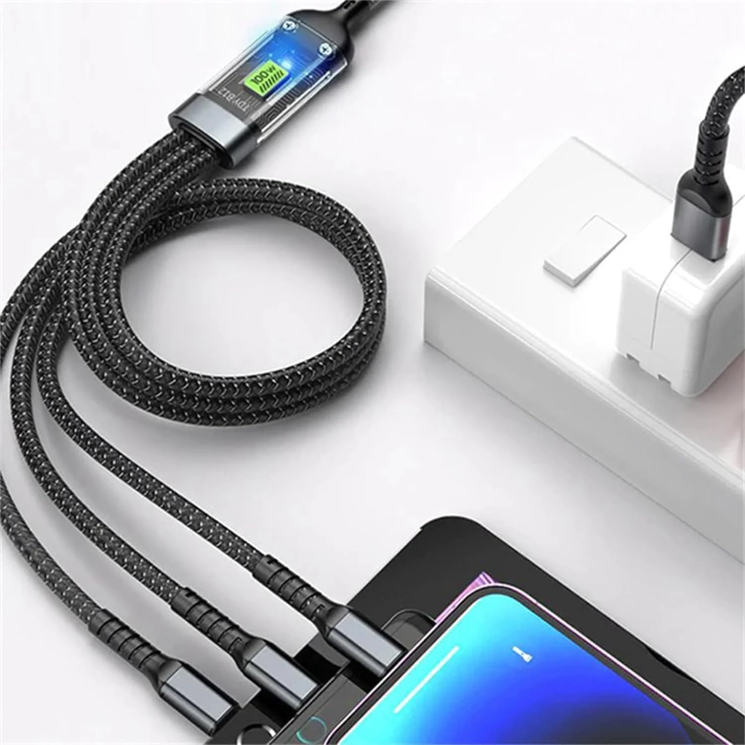 Power100: 3-in-1 100W Fast Charging Cable (1.2M) with Type-C, Micro-USB & Lightning Connectors for Laptops, Tablets & Smartphones - Image 4