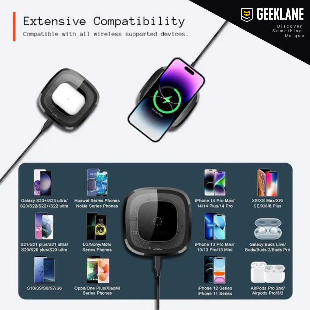 Voltique: 15W Transparent Wireless Charging Pad with LED Aura Ring – Fast Charging with Type-C Cable & Compatibility for iPhone 15–11 & All QI-Enabled Devices - Image 3